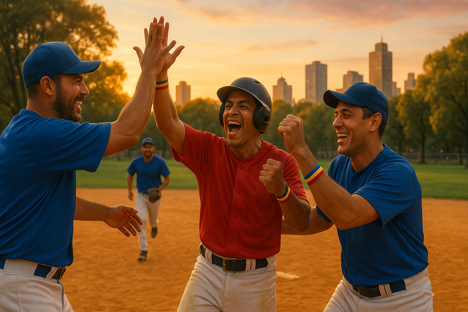 Venezolanos jugando softbol en un parque urbano, celebración y unión