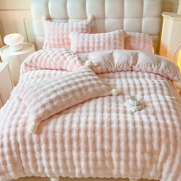 Fluffy Milk Fiber Fleece Bedding Set with Pom Poms