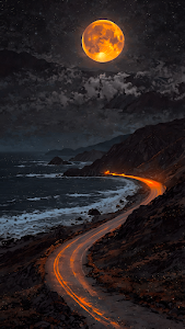 Fiery Orange Moon Over Winding Coastal Highway at Night