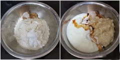 Chuối bóc vỏ 2 trái, nghiền nát. Cho bột mì, đường đen, bột nở, muối vào tô. Sau đó cho chuối nghiền, sữa chua, vani vào, trộn đều.