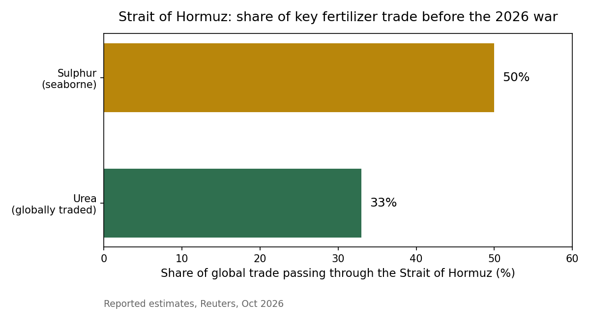Bar chart showing roughly one-third of globally traded urea and nearly half of seaborne sulphur passed through the Strait of Hormuz
