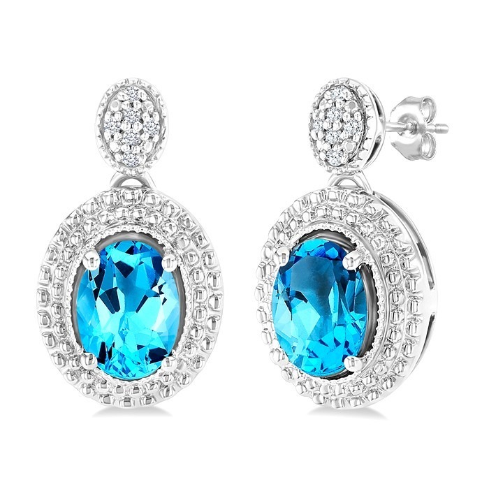 Silver Oval Shape Gemstone & Diamond Earrings