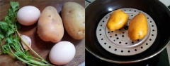 Khoai tây rửa sạch, để ráo nước. Đun sôi nồi nước, cho khoai t6ay vào hấp cách thủy đến khi chín thì lấy ra, cắt 1/4 theo chiều ngang rồi bỏ phần nhỏ, chỉ lấy phần lớn. Sau đó lấy muỗng não bớt phần thịt khoai bên trong sao cho tạo một khoảng trống vừa đủ 1 quả trứng. Tiếp đó đập trứng gà vào khoai tây (lưu ý nên dùng trứng gà ta để không bị tràn ra ngoài nhé).