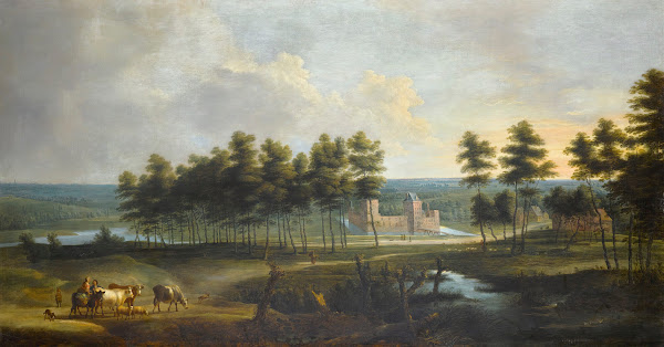 An extensive landscape with a view of the Chateau de Male