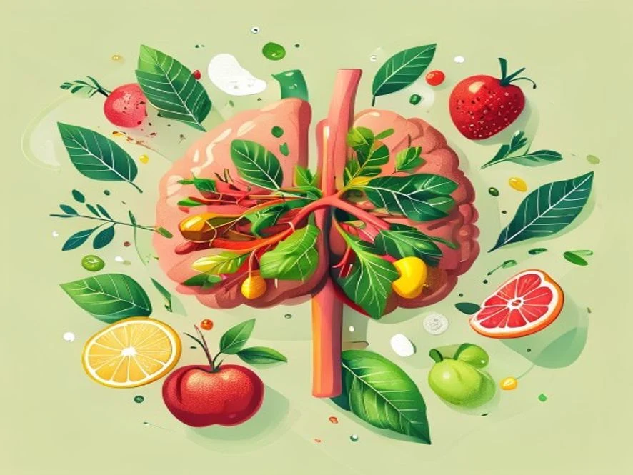 푸른 나뭇잎과 신선한 채소에 둘러싸인 건강하고 깨끗한 간의 모습을 보여주는 깔끔한 의료 일러스트