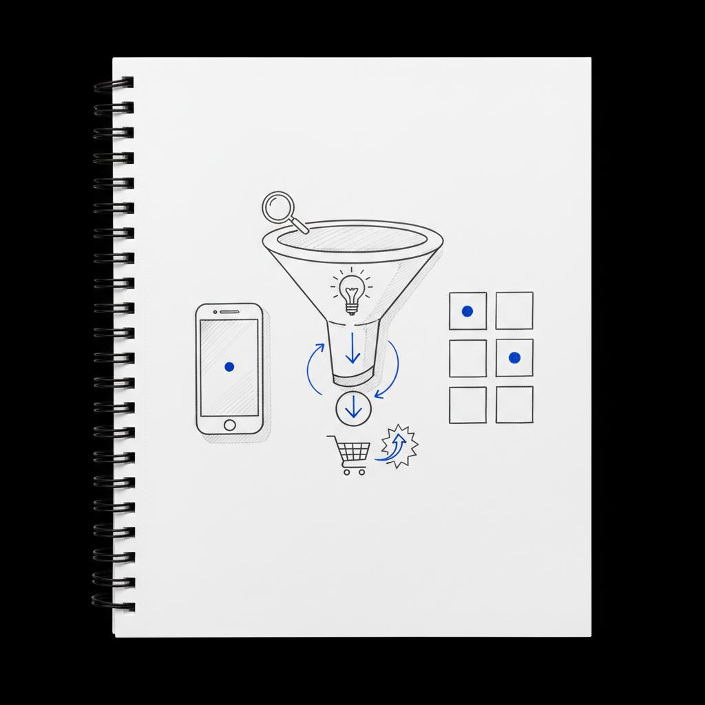 Close-up notebook sketch showing funnel with icon labels, small mobile mock, and creative-variation boxes in pencil and ink with blue accents &mdash; X advertising ROI