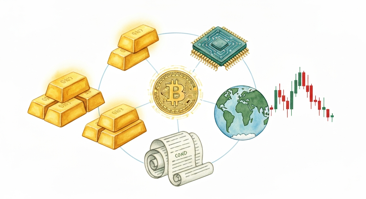 자산군별 상관관계 히트맵 - 주식, 채권, 금, 비트코인