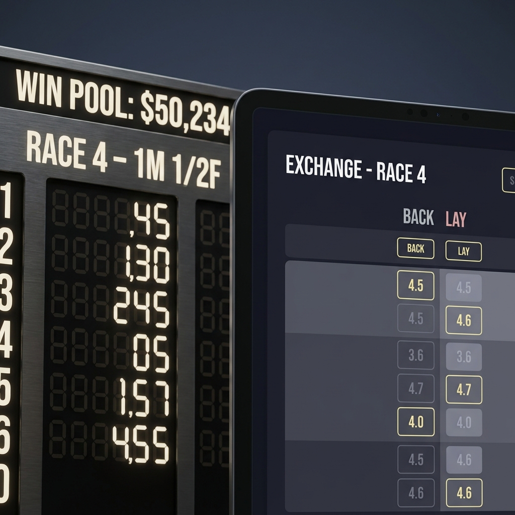 Close shot of racetrack tote board beside a tablet showing back and lay options on an exchange interface for horse racing wagering minimalist Funded Plays aesthetic on a dark branded background