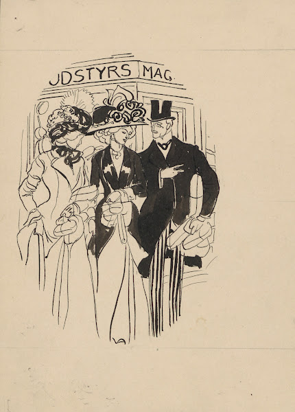 Two extravagantly dressed women and a gentleman outside a factory outlet 1895 19
