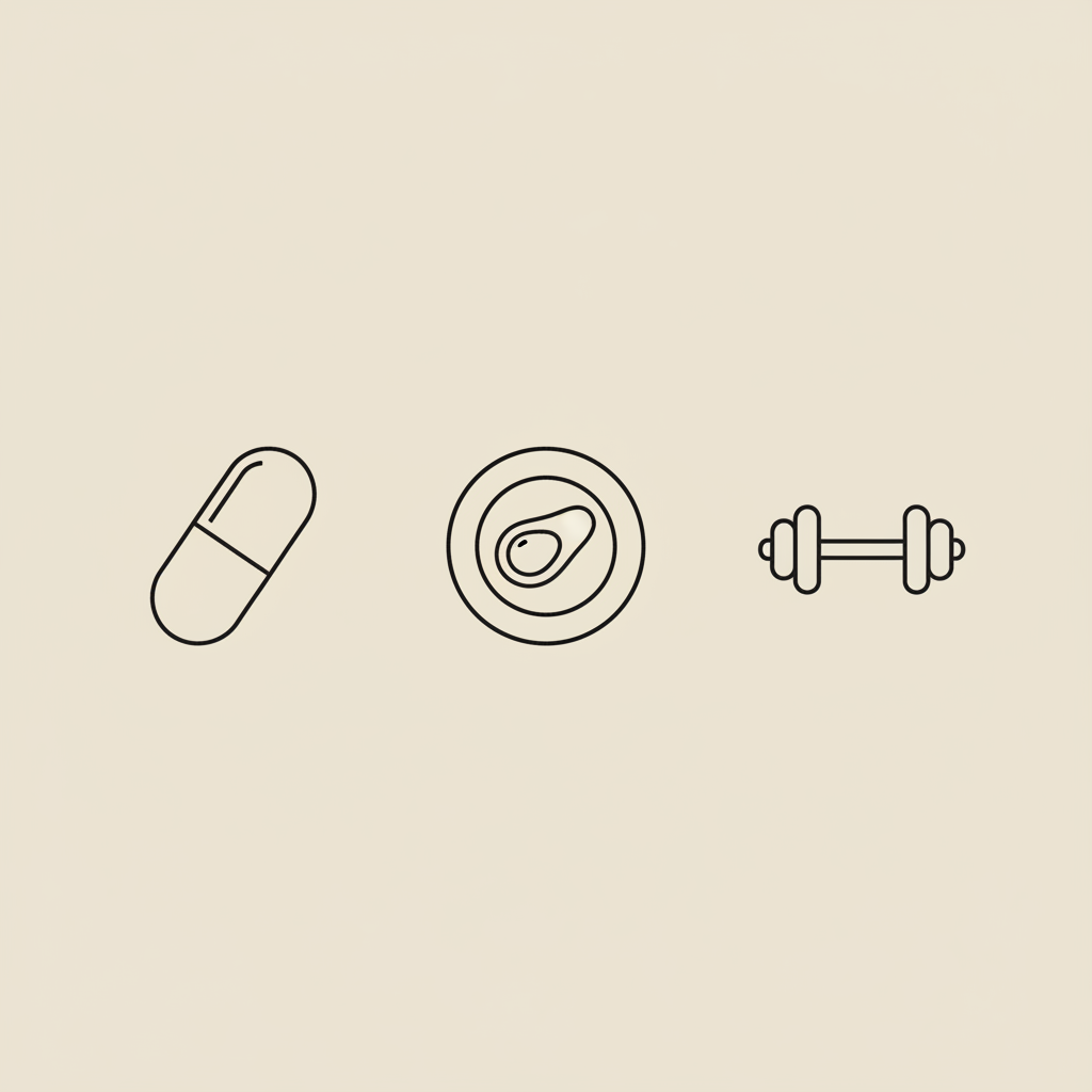 Minimal Tonum-style line illustration of a capsule, a plate with a protein portion, and a small dumbbell on a beige background, symbolizing poor metabolism.