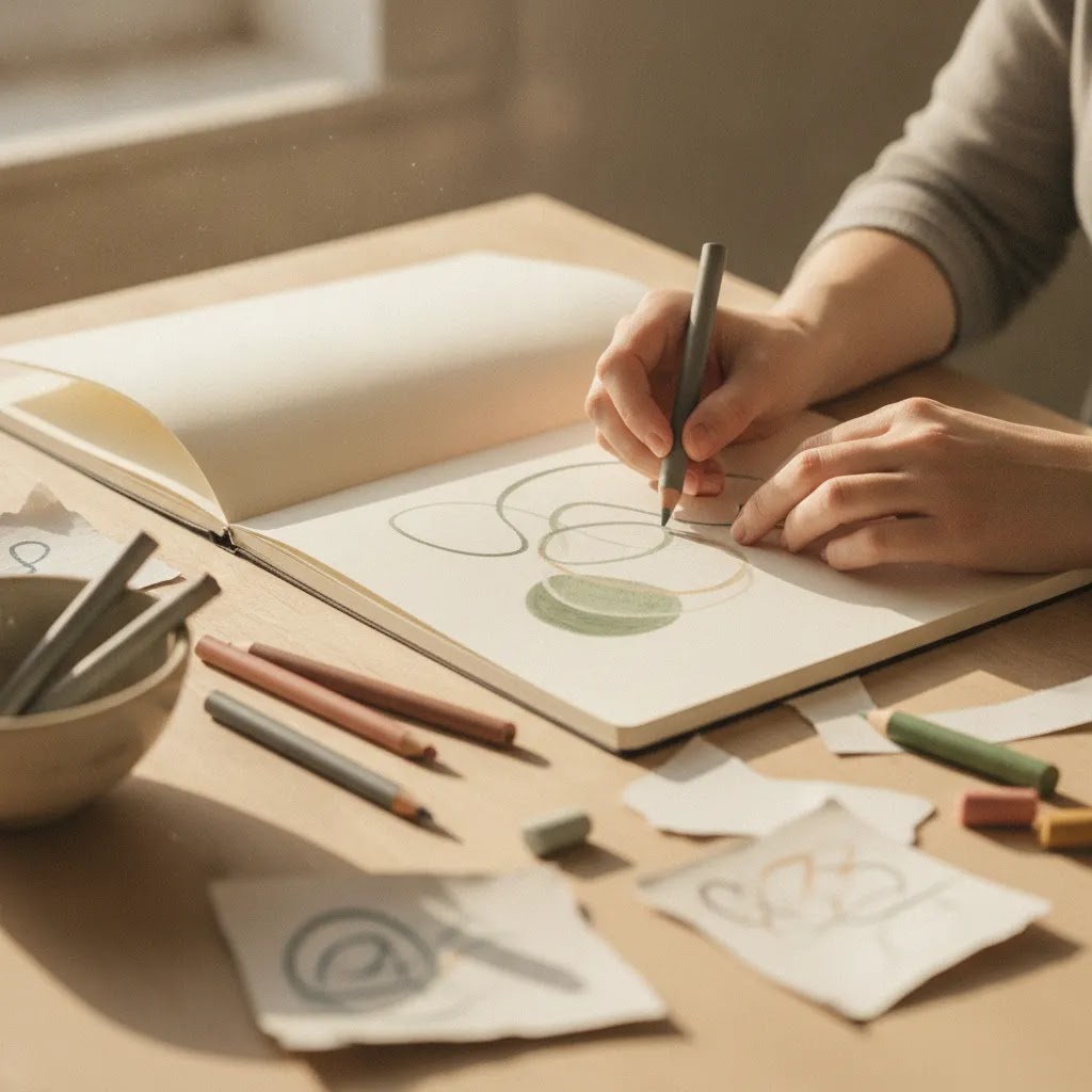 What is art as therapy shown through simple everyday drawing in a quiet reflective workspace