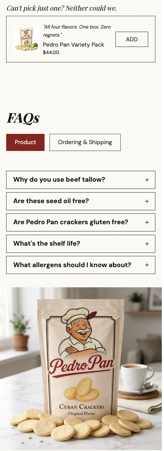 Pedro Pan product detail page ingredients and flavors