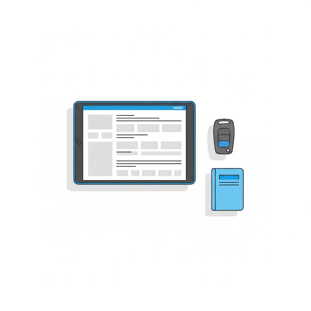 Minimal 2D vector flat lay of a tablet showing a simplified vehicle history summary beside car keys and a small notebook on a white background most reliable Volkswagen car