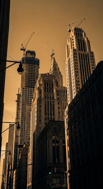 Art Deco Skyscrapers Cityscape Sepia Tone Cranes - Free mobile Wallpaper