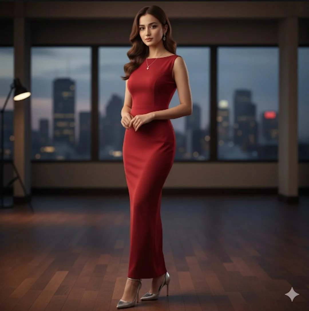 Retrato de cuerpo entero en estudio con elegante vestido rojo