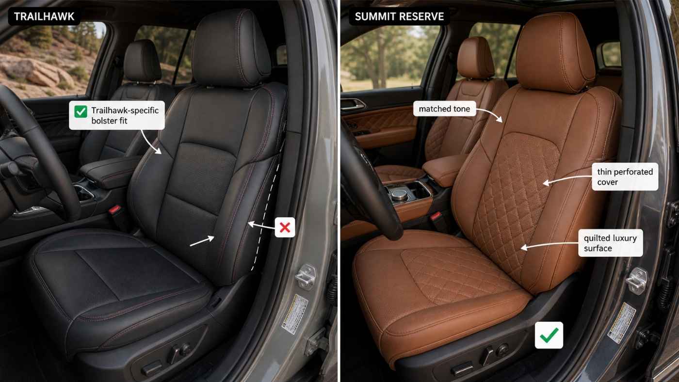 Trailhawk and Summit Reserve Jeep Grand Cherokee seats showing trim-specific bolster fit and perforated cover design.
