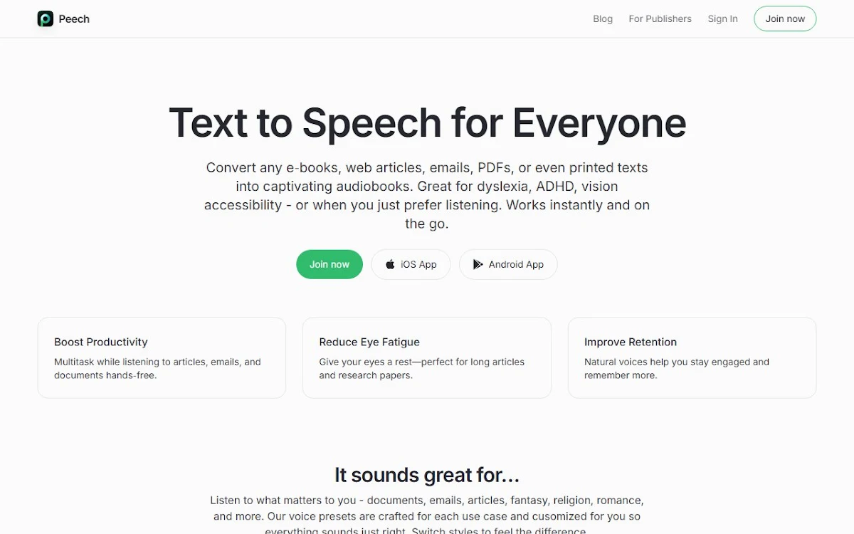 Captura de Peech: Text to Speech Reader