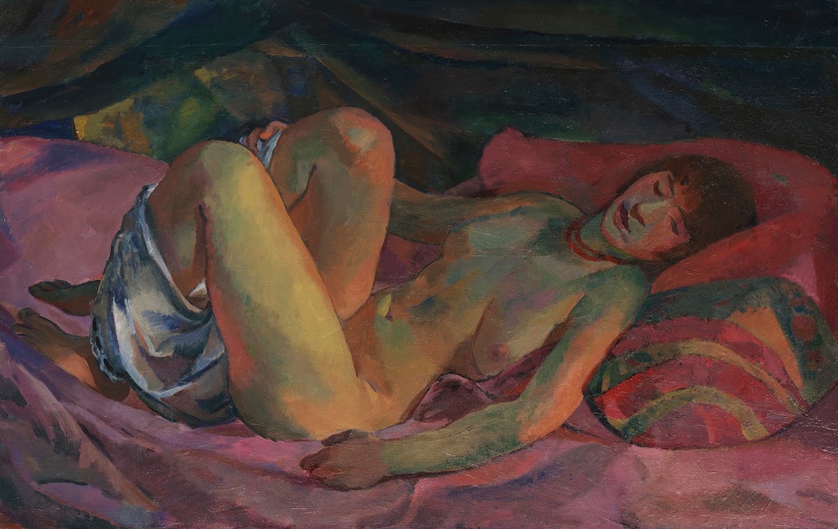 Weiblicher Akt auf rotem Divan 1914