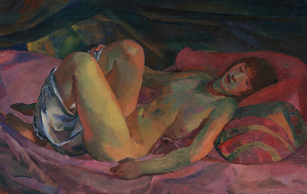 Weiblicher Akt auf rotem Divan 1914