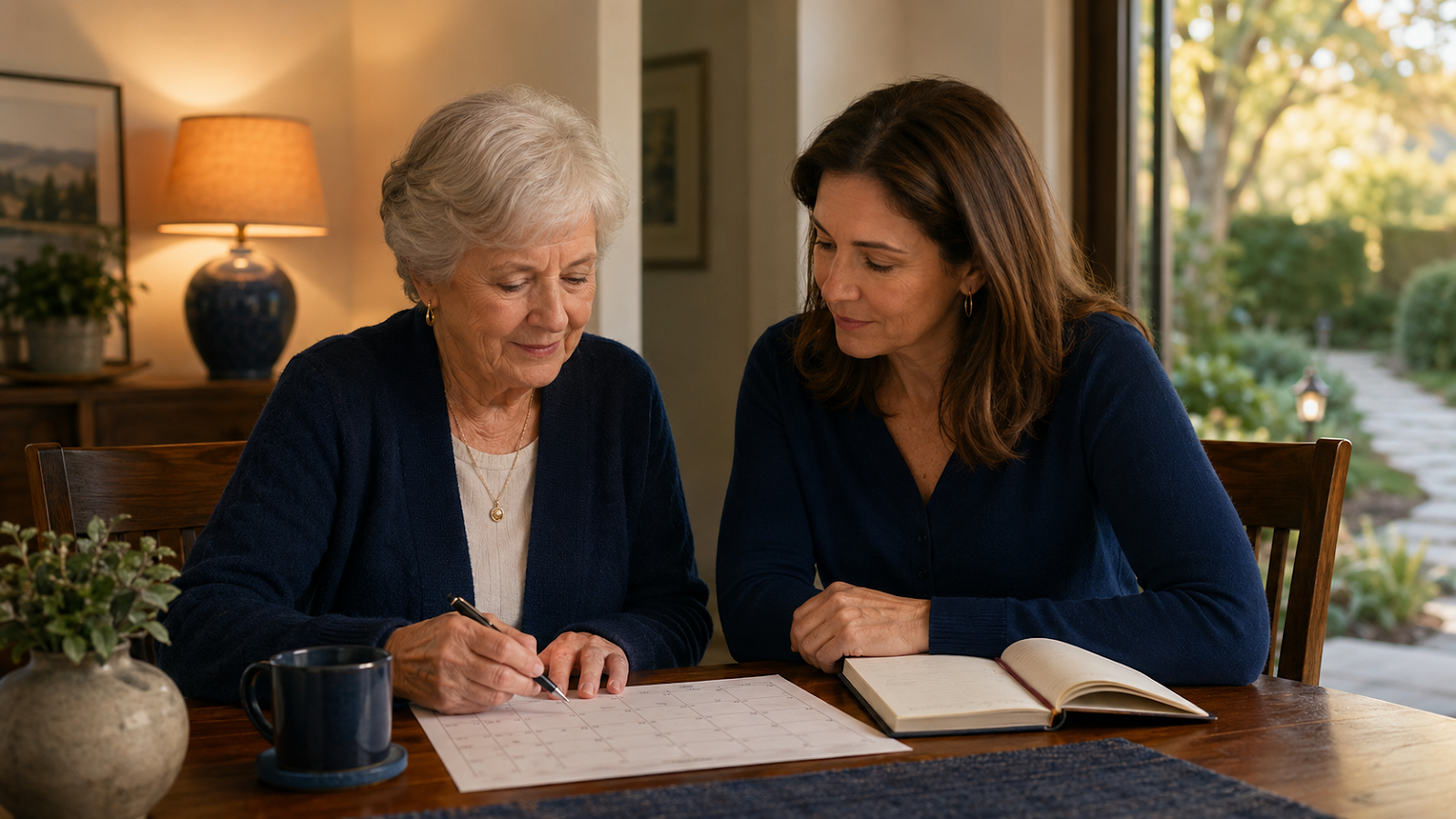 An older woman writes on a paper calendar while an adult daughter sits beside her with an open notebook.