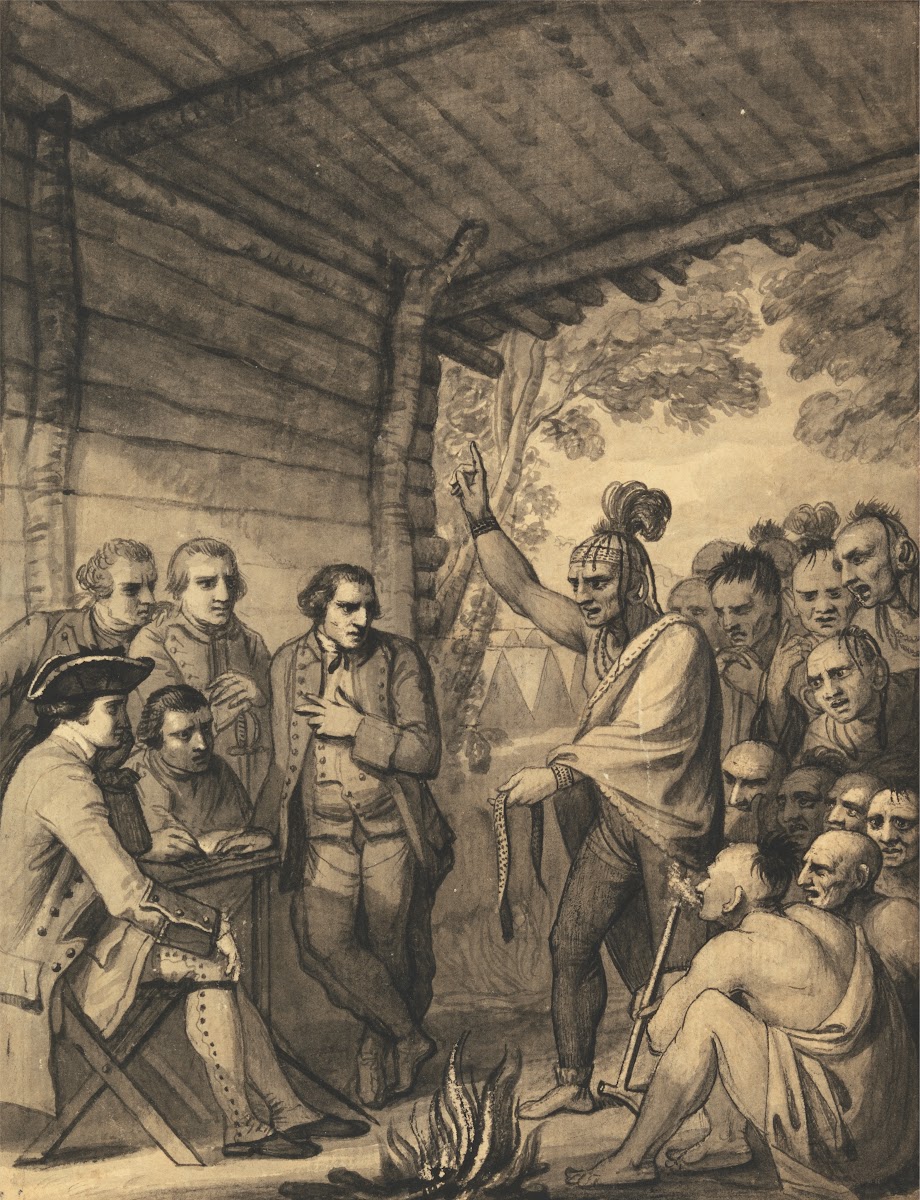 The Indians Giving a Talk to Colonel Bouquet in a conference at a Council Fire N