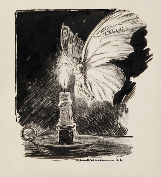 The American Legion depicted as a moth drawn to the flame of a candle which repr
