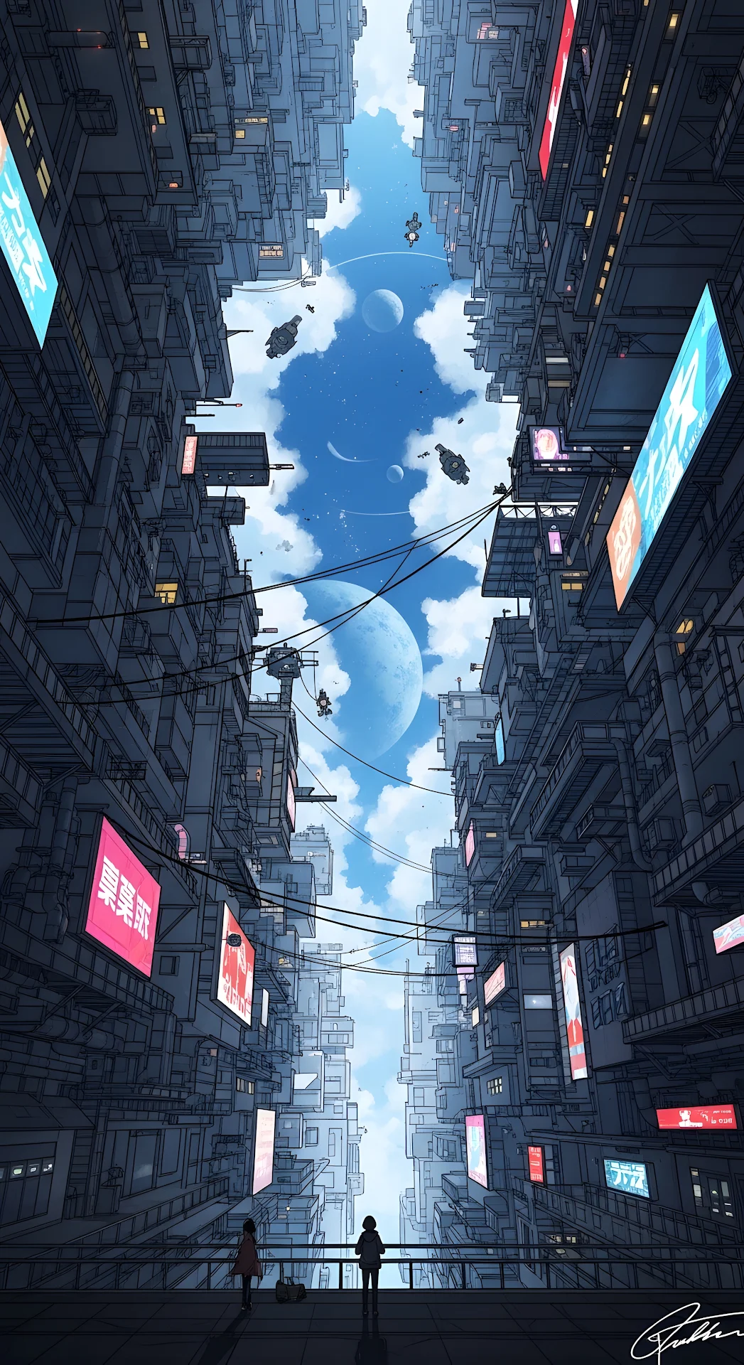 Vertical Cyberpunk Cityscape Looking Up at Twin Planets - Free 4K mobile Wallpaper
