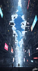 Vertical Cyberpunk Cityscape Looking Up at Twin Planets