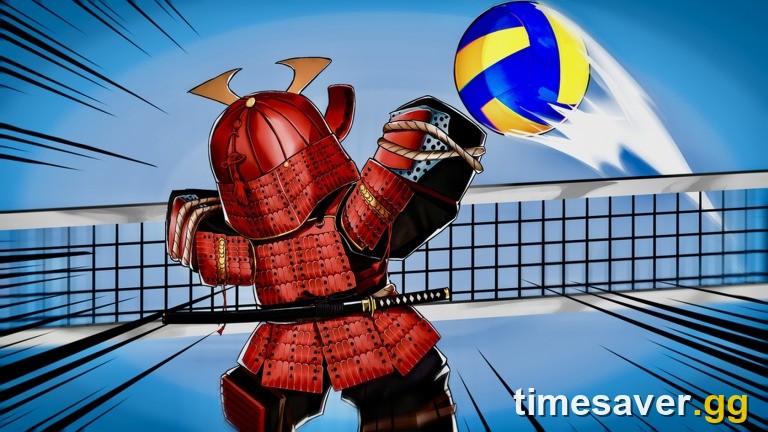 Volleyball Legends official artwork of a player in red samurai armour going up for a spike