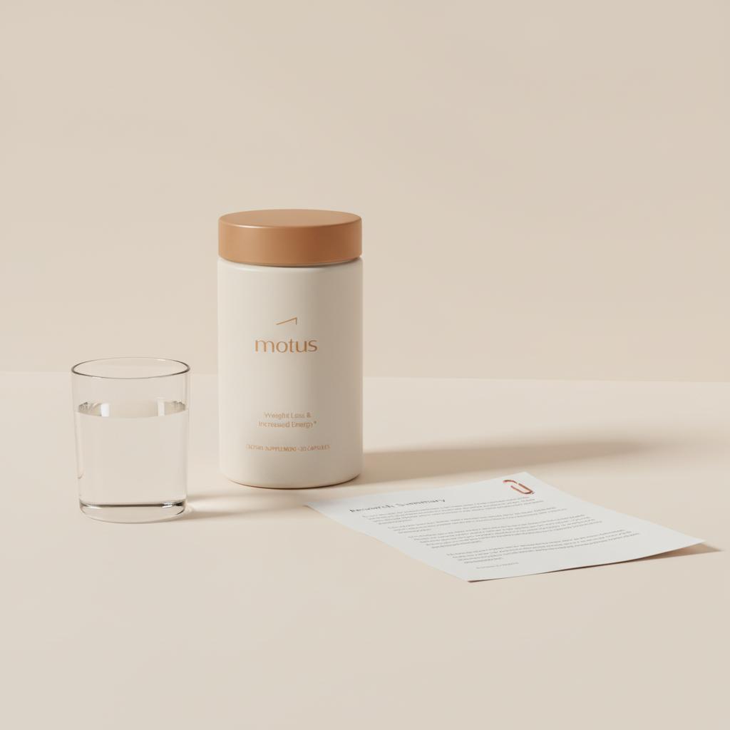 Tonum Motus container on a minimalist studio tabletop beside a folded research summary and glass of water illustrating alpha-lipoic acid daily dosage in a clinical, trustworthy setting.