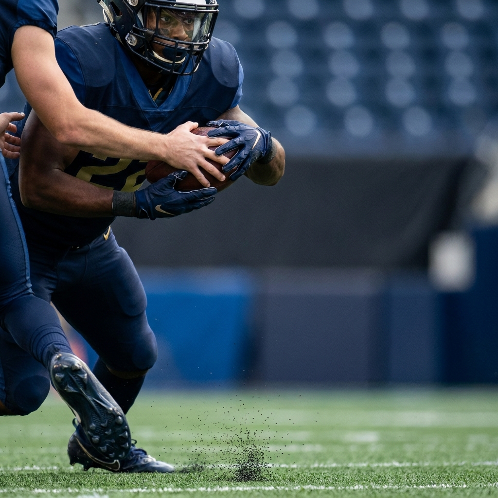 Close up of a running back taking a handoff with cleats and turf visible focusing on hand to ball contact and vision showcasing christian mccaffrey props in a minimal dark branded background