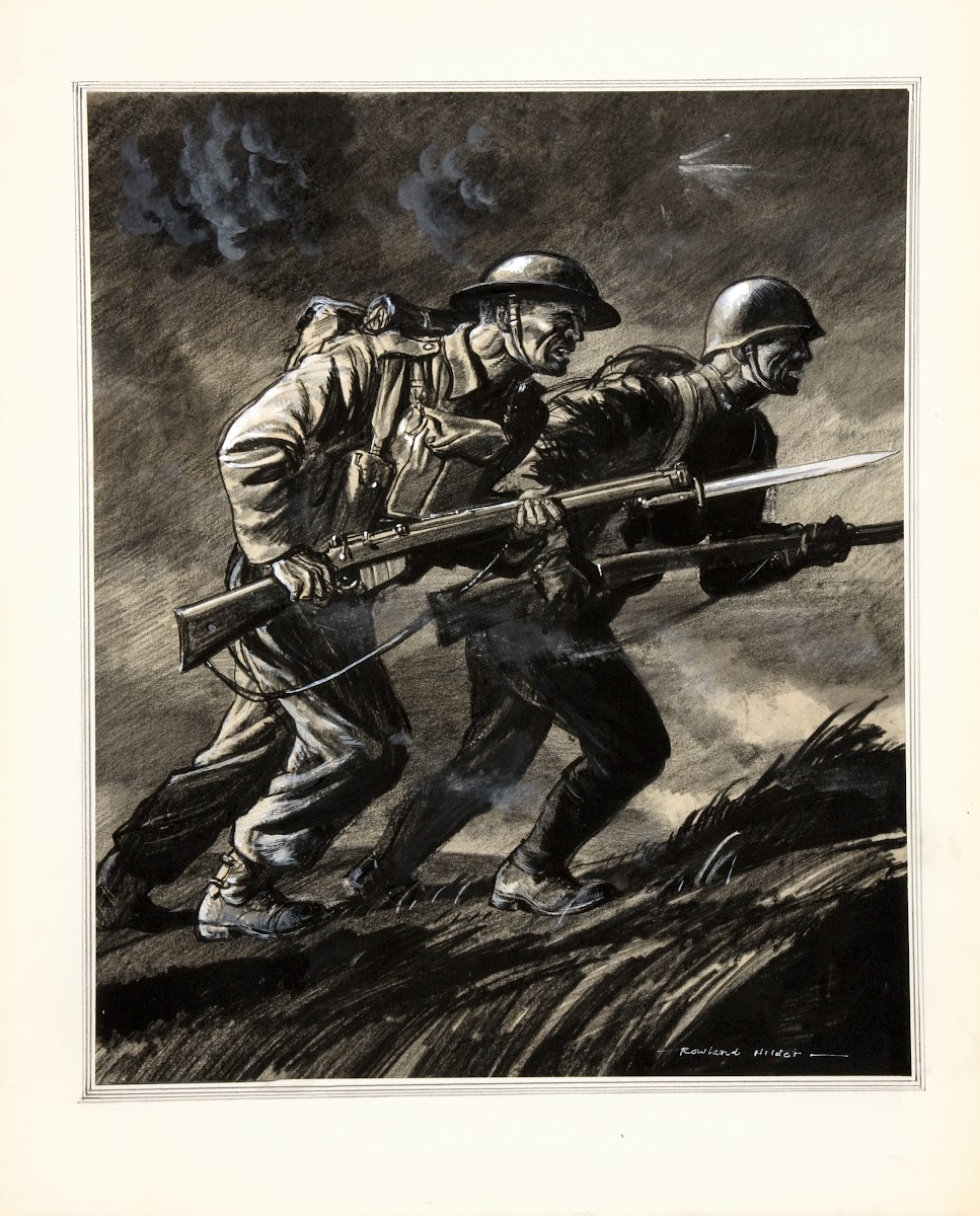 A British soldier and a Russian soldier charging with rifles between 1939 and 19