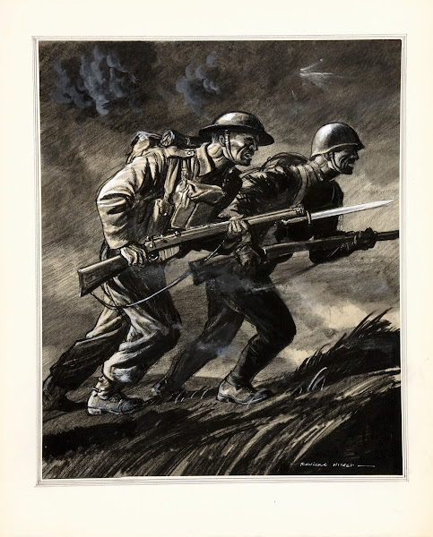 A British soldier and a Russian soldier charging with rifles between 1939 and 19