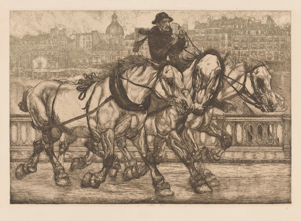 Drie paarden op de Pont de Sully in Parijs 1902