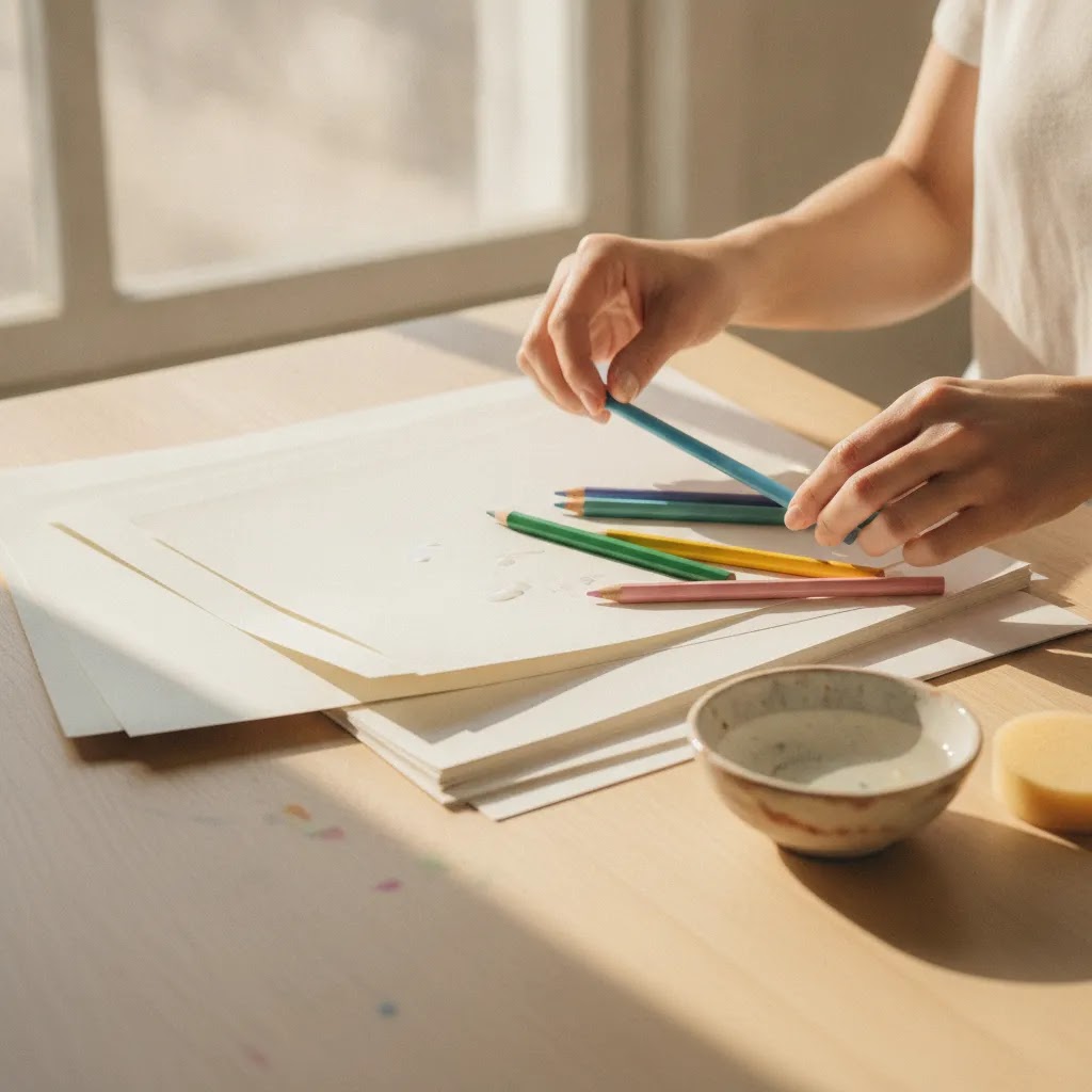 Drawing supplies on a clean calm desk