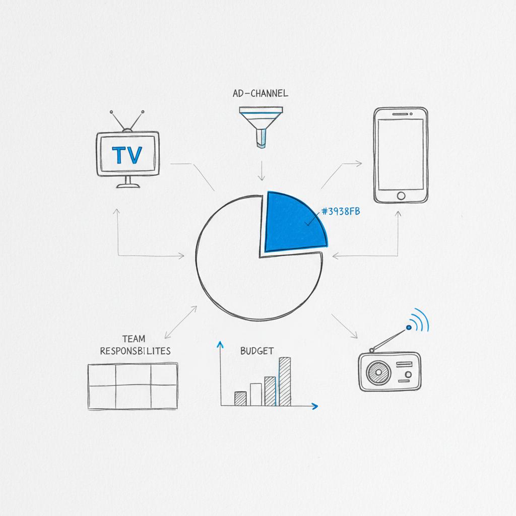 Notebook-style sketch of TV outline, smartphone frame, radio waves arranged around a central budget pie chart with #1a5bfb highlights on a white page, 15-second ad