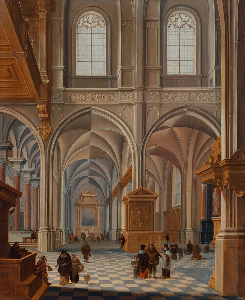 Interior of a church with elegantly dressed figures friars and a clergyman 1650