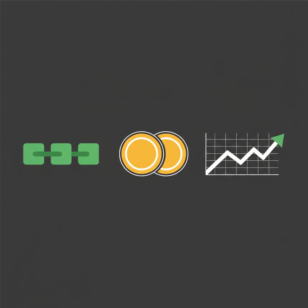 Minimal 2D vector illustration of blockchain stock concept showing green chain blocks gold token coins and an ascending white stock chart on a dark background
