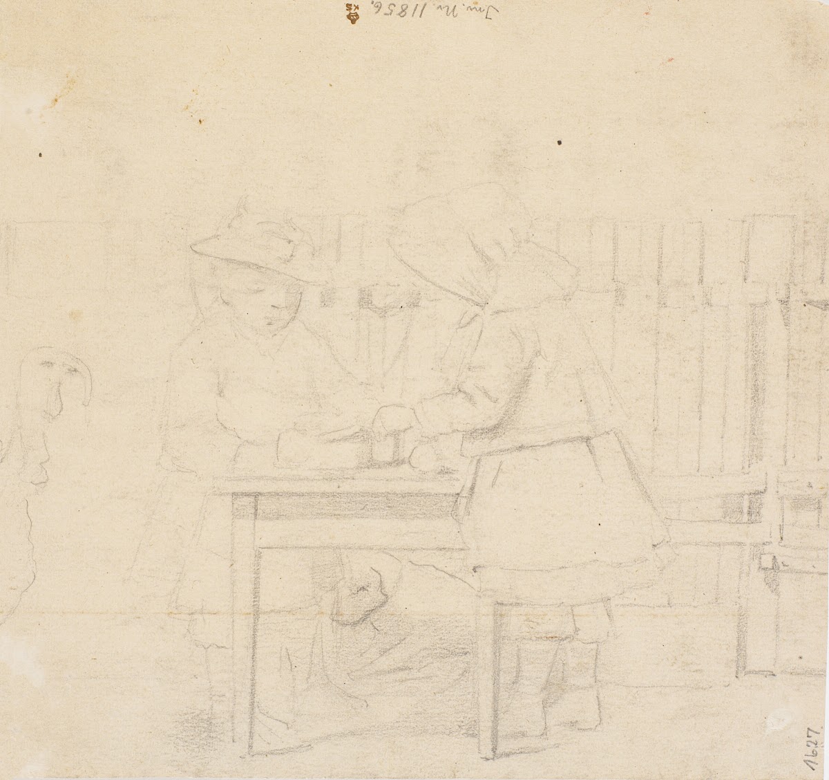 To små piger med mamelukker ved et bord i det fri 1880