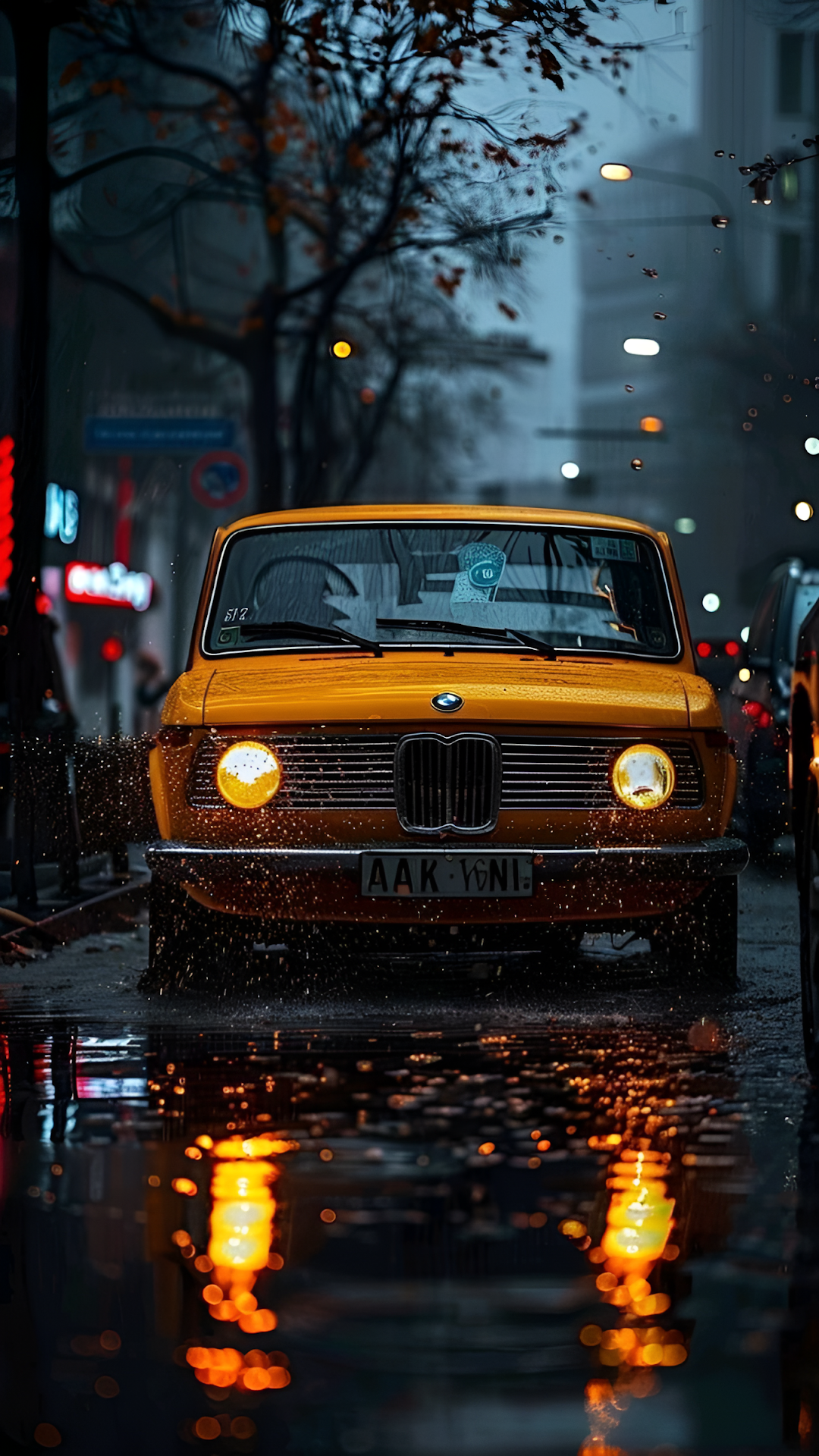 Vintage Yellow Car on Rainy City Street Reflection - Free 4K mobile Wallpaper