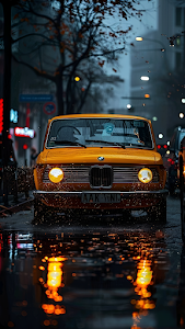 Vintage Yellow Car on Rainy City Street Reflection