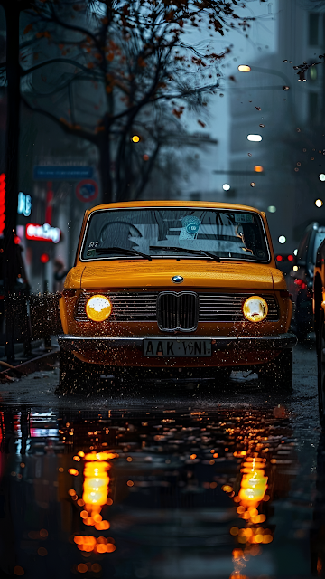 Vintage Yellow Car on Rainy City Street Reflection