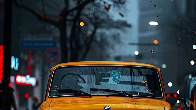 Vintage Yellow Car on Rainy City Street Reflection