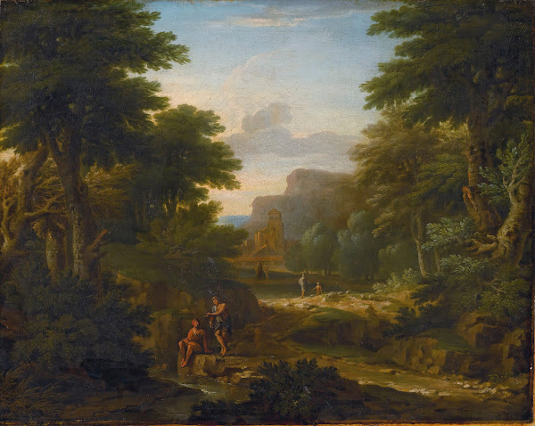 Woodedlandscape with figures resting by a stream 1725
