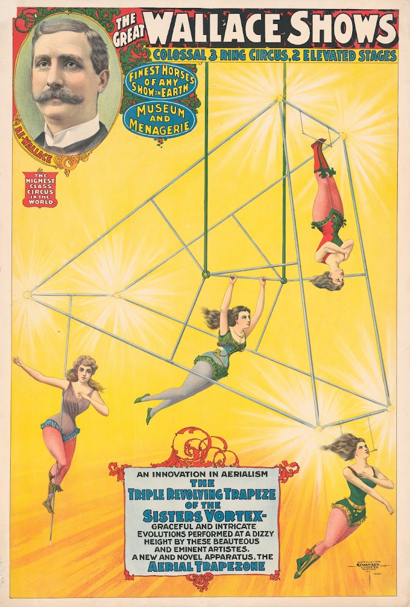 The great Wallace shows An innovation in aerialism the triple revolving trapeze
