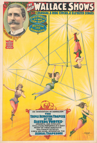 The great Wallace shows An innovation in aerialism the triple revolving trapeze