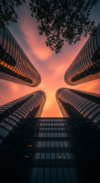 Dramatic Worm's Eye View of Modern City Skyscrapers at Sunset - Free mobile Wallpaper