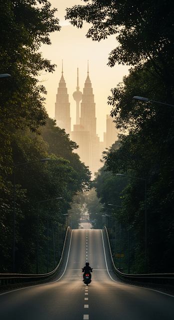 Atmospheric Morning View of a Moped Rider on a Road Leading Towards a Hazy Kuala Lumpur Skyline - Free mobile Wallpaper