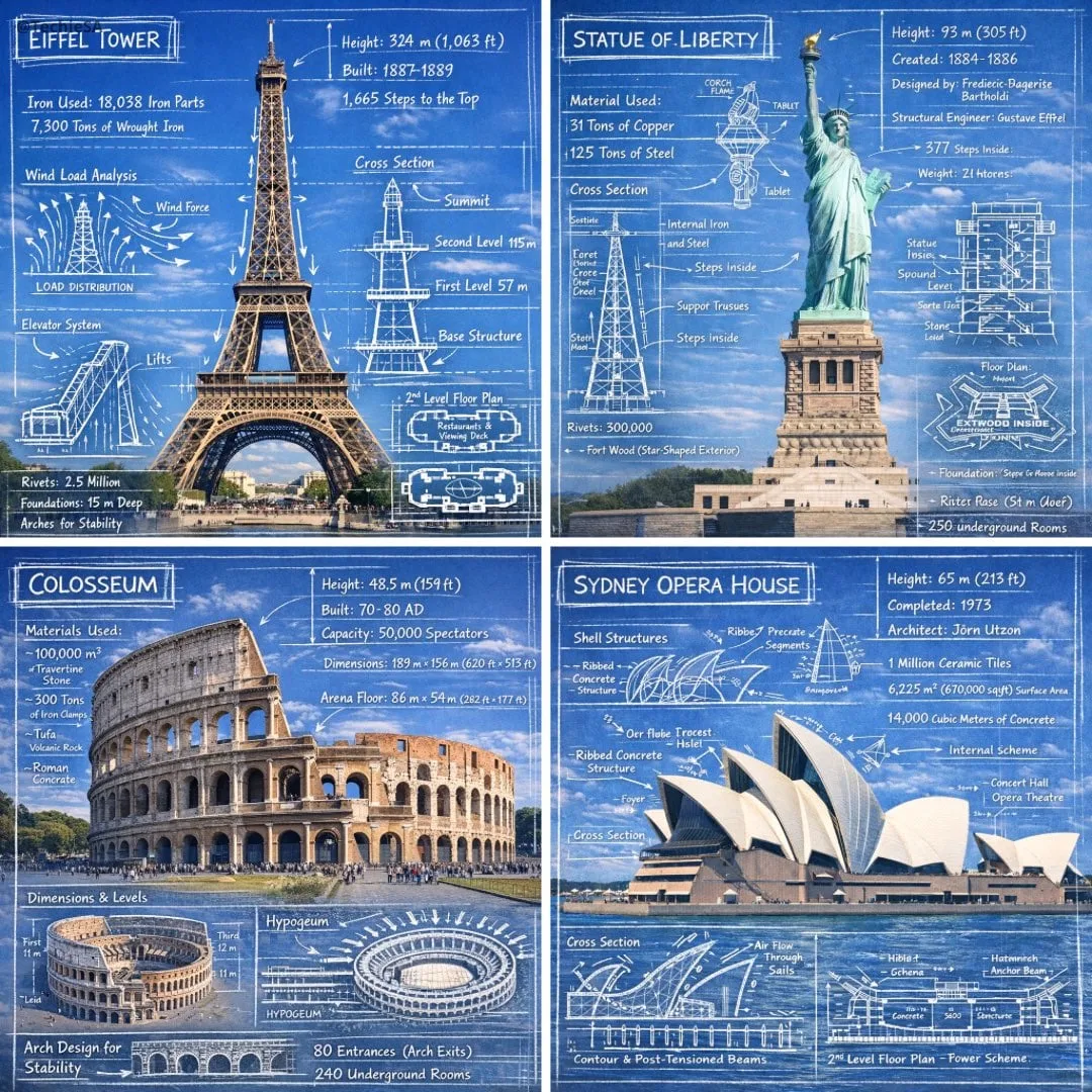 Crea una imagen infográfica de [LANDMARK], combinando una fotografía real del monumento con un estilo de plano arquitectónico...