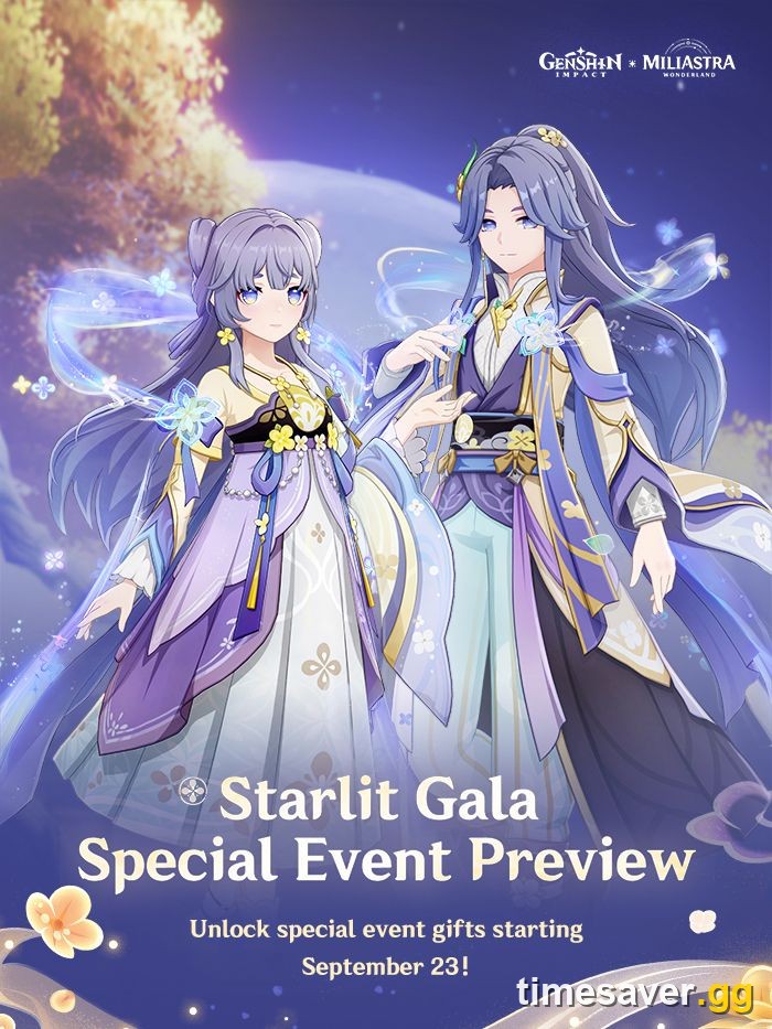 Official Genshin Impact Starlit Gala Special Event Preview poster for Miliastra Wonderland stating that special event gifts unlock starting September 23